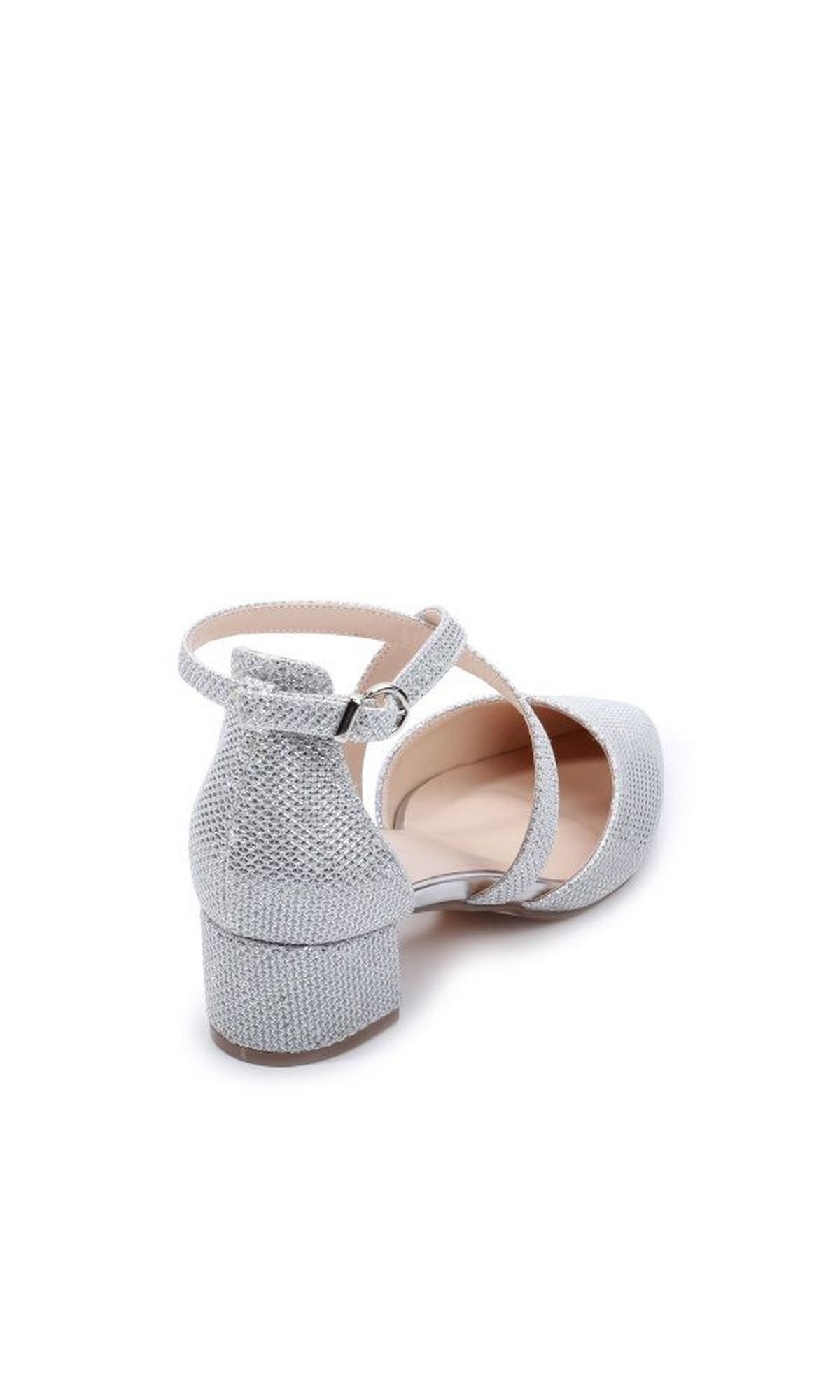 Francis Silver P2228 Silver Closed-Toe Prom Shoes feature a low block heel, ankle strap, and a textured glittery finish. Shown from the back at an angle on a white background, they’re a chic pick among silver prom shoes.